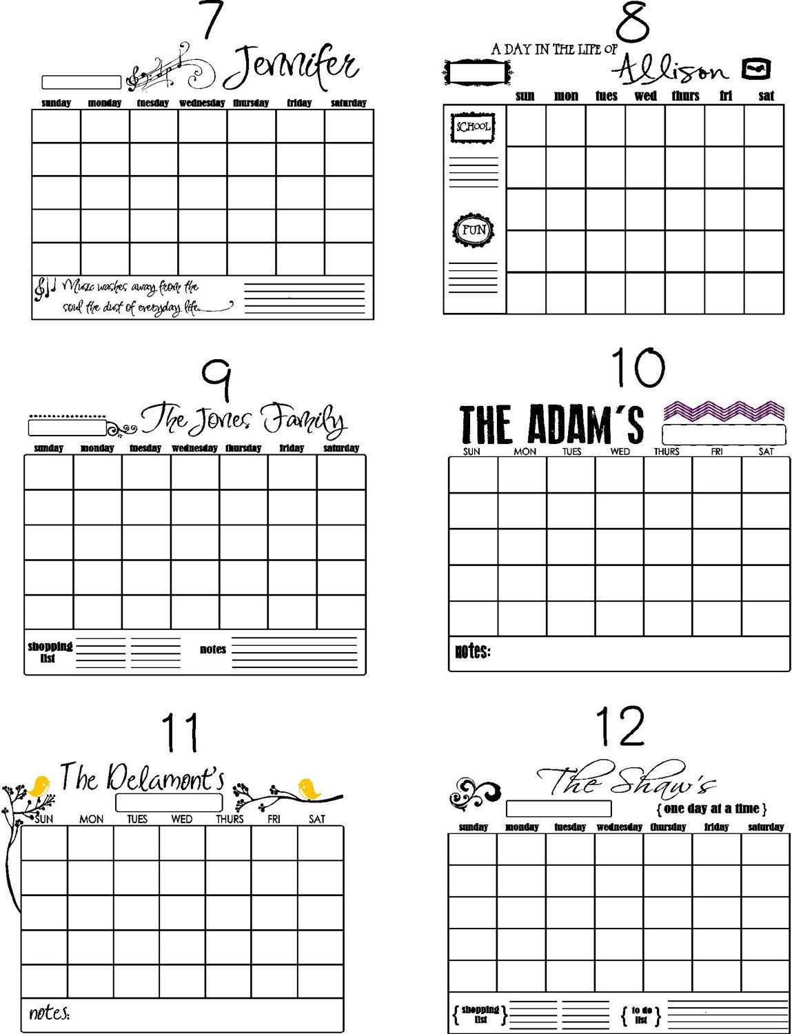 Personalized Print Calendar ----Choose from 19 designs & 12 sizes ----