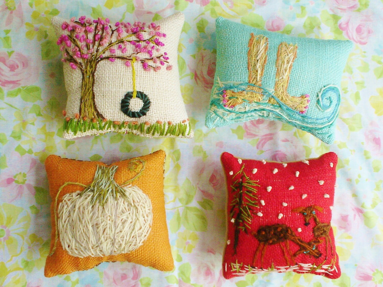 The Four Seasons Freehand Embroidered Mini Pillows Set of FOUR Pillows