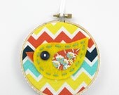 Felt Bird Embroidery Hoop Wall Art Modern 4 inch Hanging Cute Yellow Chevron READY TO SHIP