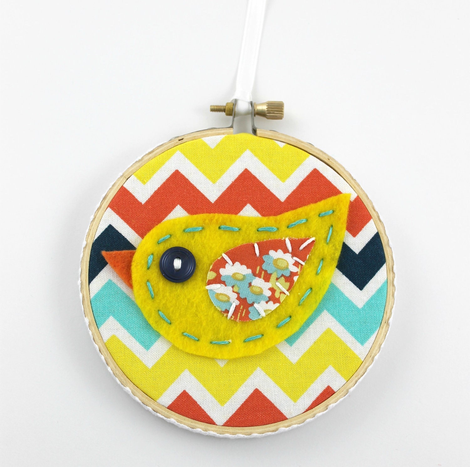 Felt Bird Embroidery Hoop Wall Art Modern 4 inch Hanging Cute Yellow Chevron READY TO SHIP