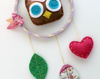 Owl Dreamcatcher Wall Hanging Plush Felt Feathers Hand Embroidery Nursery MADE TO ORDER