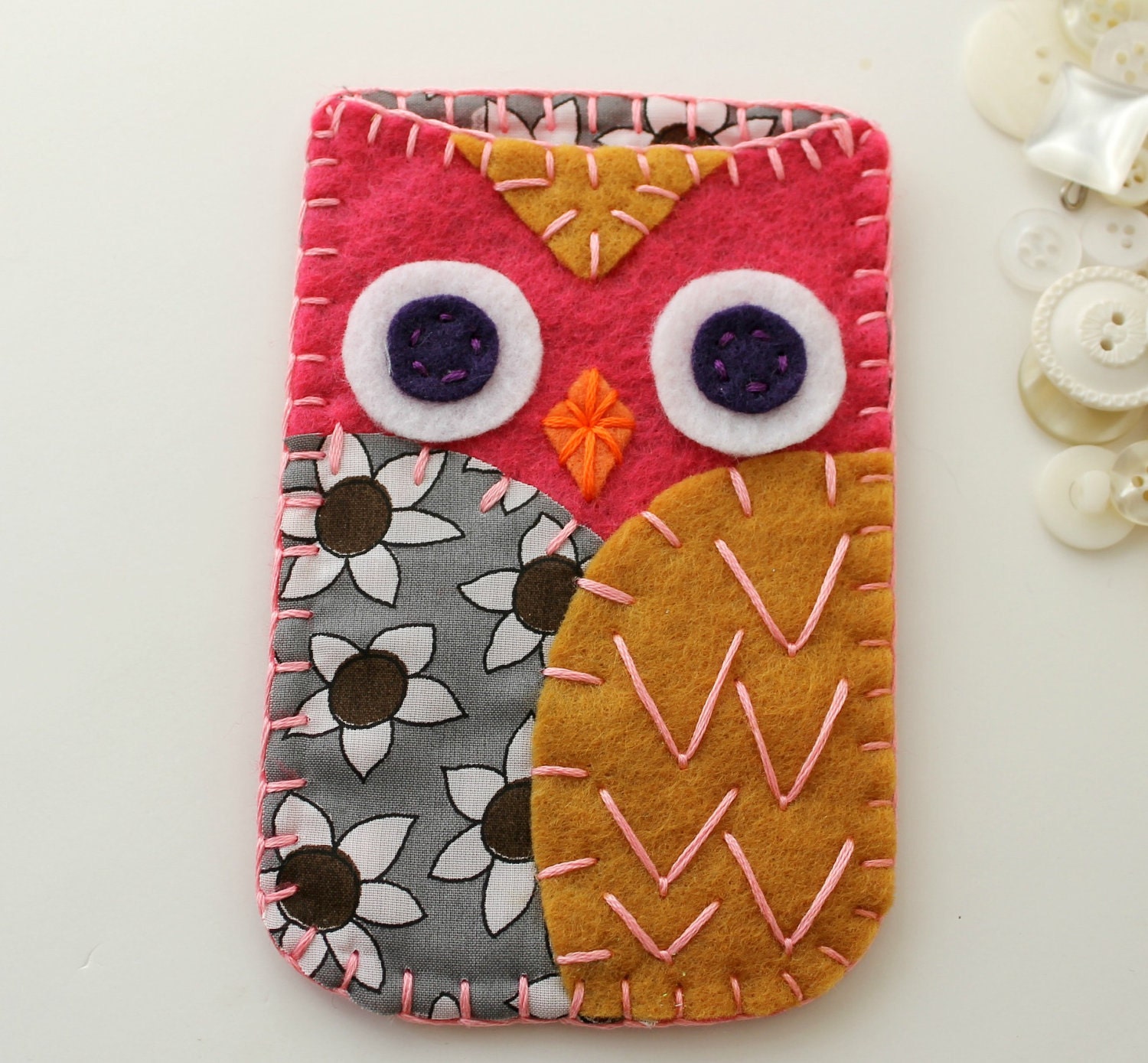 Felt Owl iPhone 5 Samsung Blackberry Case Cozy Cute Pink Yellow Gray