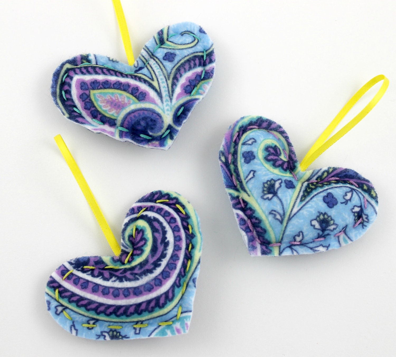 Blue Paisley Heart Ornaments Set of 3 Eco Friendly Felt