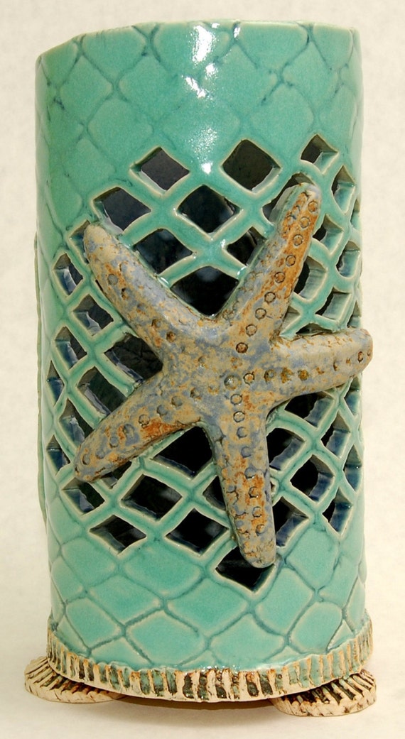 Sea Foam Starfish Candle Holder by LASpottery on Etsy