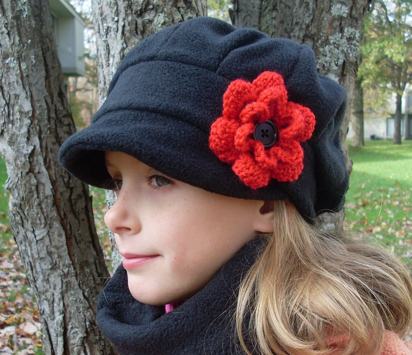 Handmade  teen preteen fleece winter  hat - black with red crochet flower - MADE TO ORDER