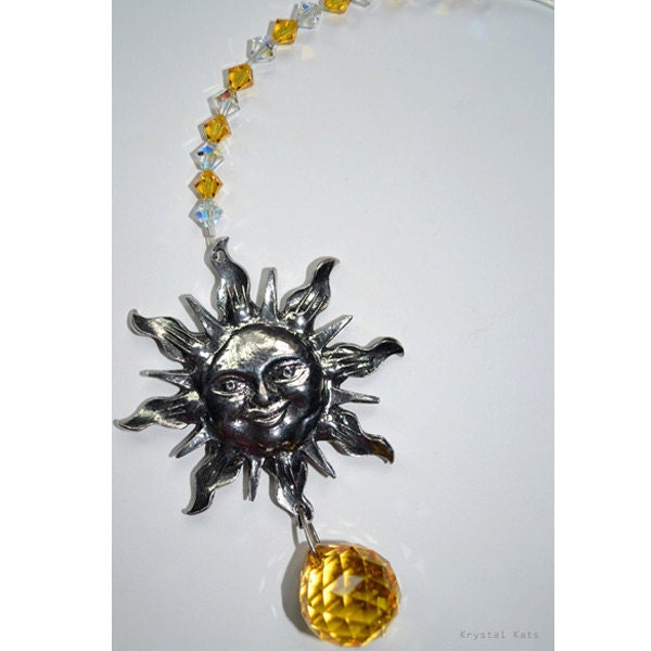 12" Long Authentic Swarovski Crystal Golden Sunny Sun 168 Facets 20mm Crystal Ball Pewter Suncatcher, Colorful Magical Dancing Rainbows