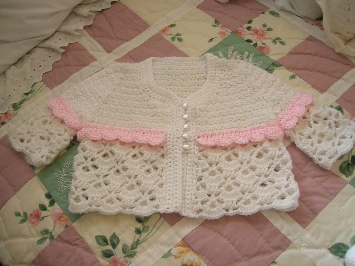 White Crocheted Baby Girl Sweater with Pink Trim and matching  Mary Jane Booties Gift Set