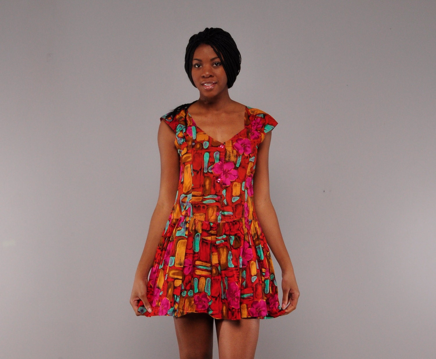 Vintage 80's Rayon Mini Dress // Bold Print Sundress // Drop Waist // M L