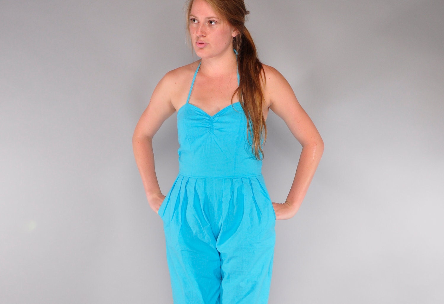 Vintage Turquoise Cotton Jumpsuit // Sweetheart Halter Bodice // Cropped  // M Med Medium