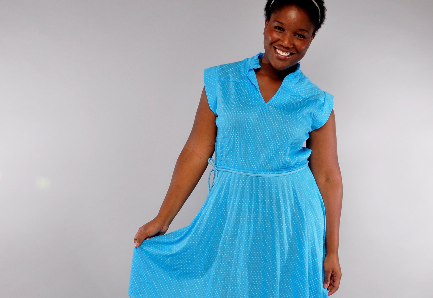 Vintage Turquoise Polka Dot Dress // Plus Size Sundress // 1980's // XL XXL