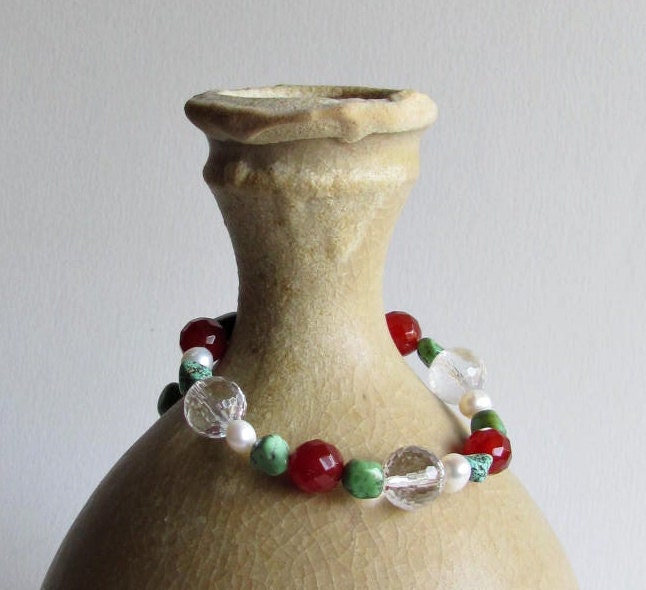 Turquoise and Crystal Quartz Bracelet with Carnelian and Pearls