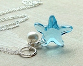 Crystal Starfish Necklace Sterling Silver Pendant Beach Jewelry Swarovski Aquamarine Starfish, Under the Sea