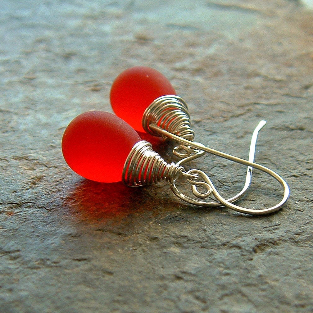 Red Valentine Earrings Sterling Silver Wire Wrap Dangle Earring, Valentines Day Red spring fashion jewelry