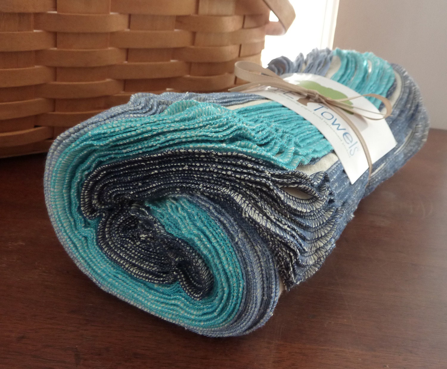 Family Pack 52 Bird-E Towels with variety of Blues Thread Edges (unpaper towels, eco friendly paper towel replacement)