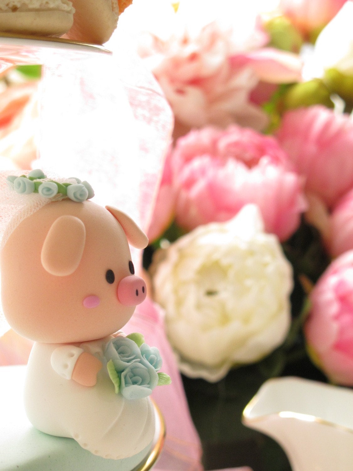 Handmade lovely piggy and piglet bride and groom wedding cake topper