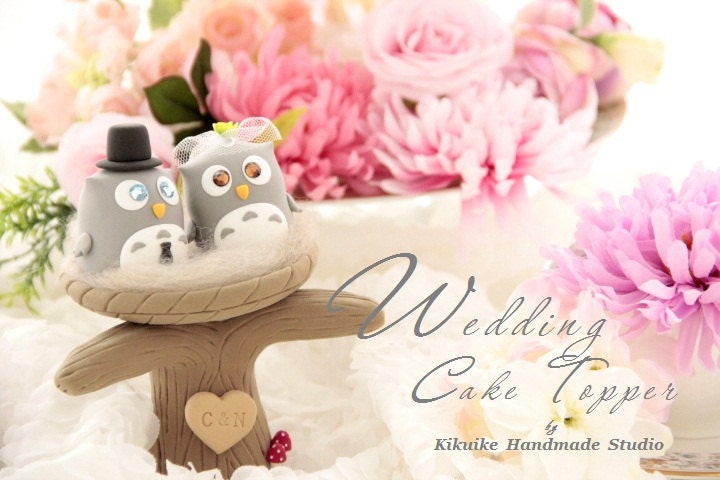 owls with nest and tree Wedding Cake Topper