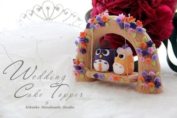 Custom Wedding Cake Topper -Handmade love Owls with love flower tree and a swing
