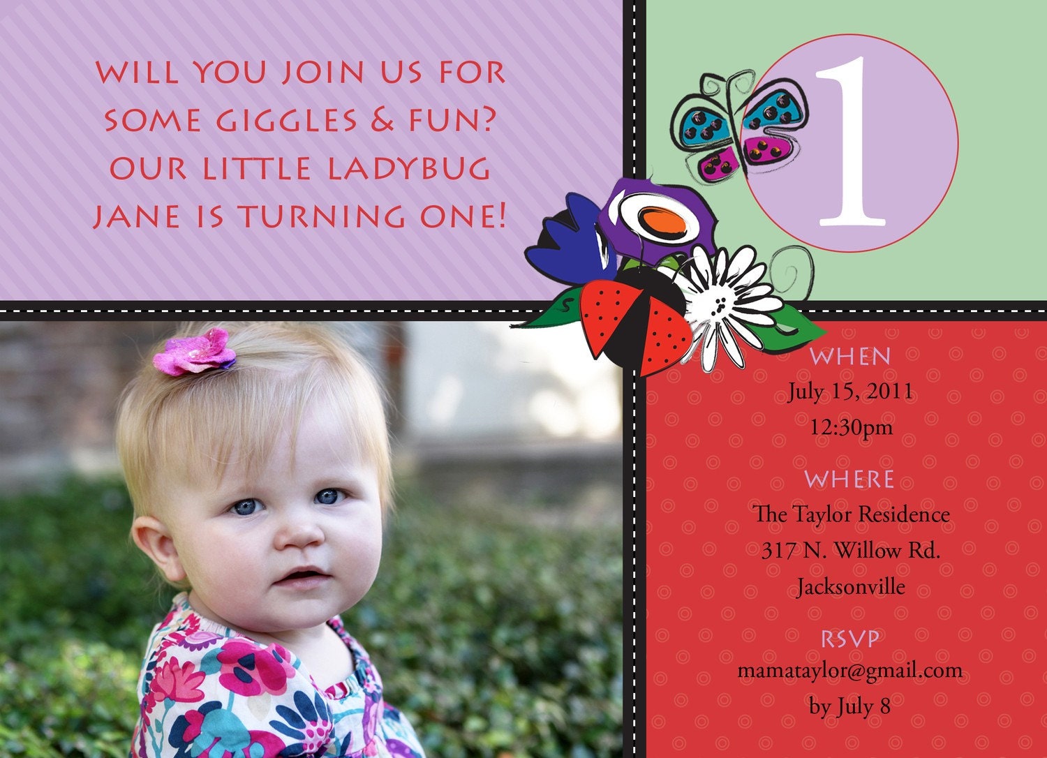 Ladybug Garden Custom Birthday Invitation Photo Card