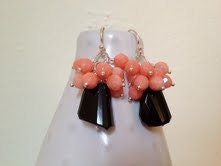 Faceted Jet Black Onyx & Angelskin Coral gemstone earrings. Sterling silver