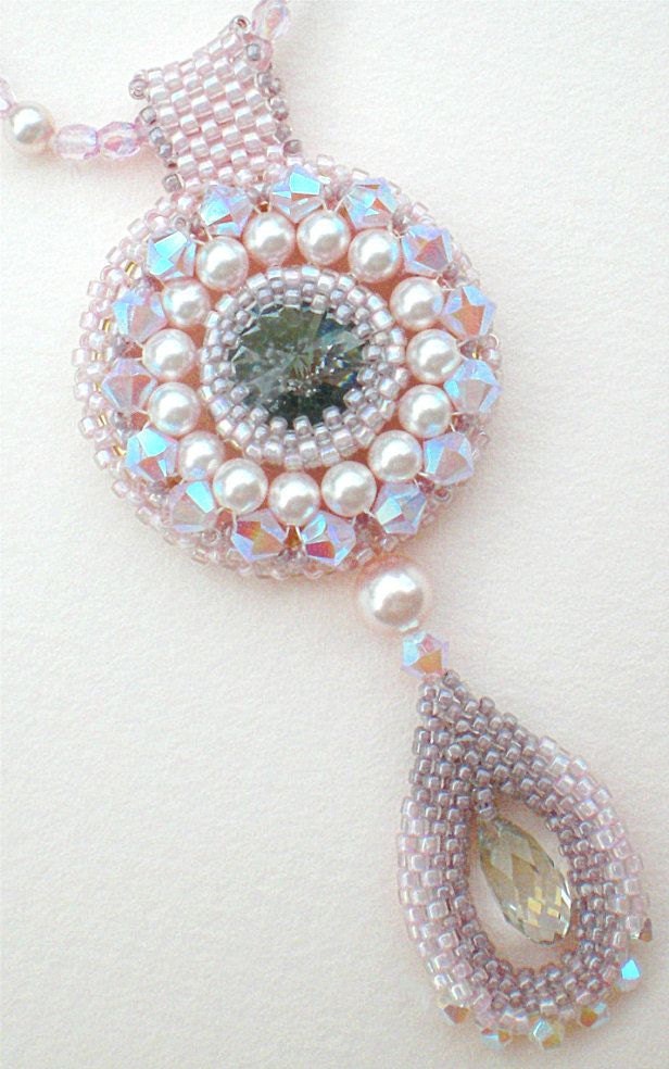 Rivoli Necklace Pink Grey Beadwoven Beaded Beadweaving Unique Jewelry Opal Rose