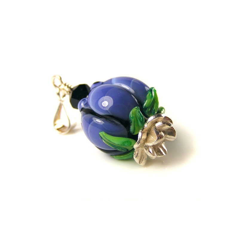 Flower Necklace Charm, Blue Lampwork Glass & Sterling Silver, OOAK Handcrafted Add-A-Dangle Pendant, Handmade Beaded Jewelry