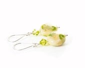 Cream Poppy Earrings, Sterling Silver & Lampwork Glass, Handcrafted Dangle Earrings, Lampwork Bead Earrings, Cream Leaf Green