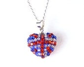Union Jack Heart Pendant, Red White & Blue Crystal Heart on a Sterling Silver Chain Necklace, UK Flag