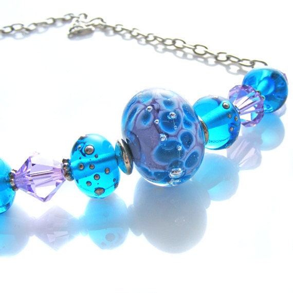 Sky Blue Necklace, OOAK Artisan Handcrafted Lampwork Glass & Sterling Silver Necklace, Blue Violet, Handmade Beaded Jewelry