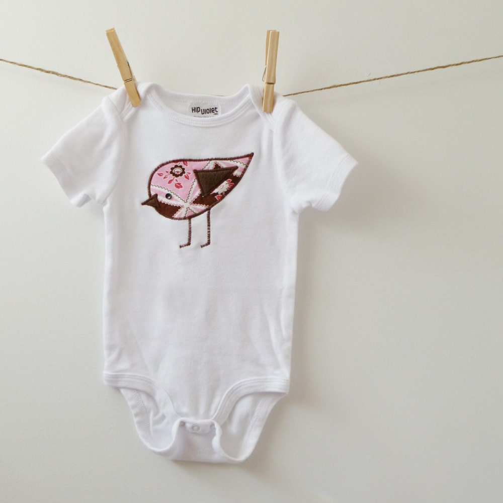 Baby Girl Shower GIft - Little Brown & Pink Birdie Appliqued Bodysuit - 3m