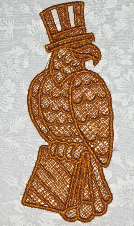 Gold Eagle Bookmark with top hat, machine embroidered lace