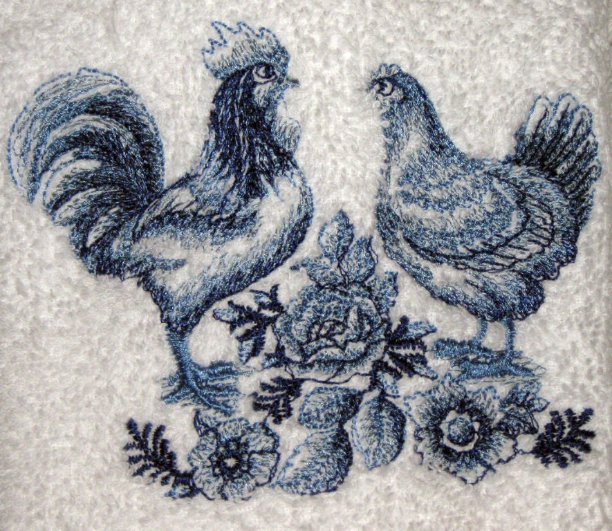 Crochet hanging towel, Embroidered Delft Blue Hen & Rooster White top