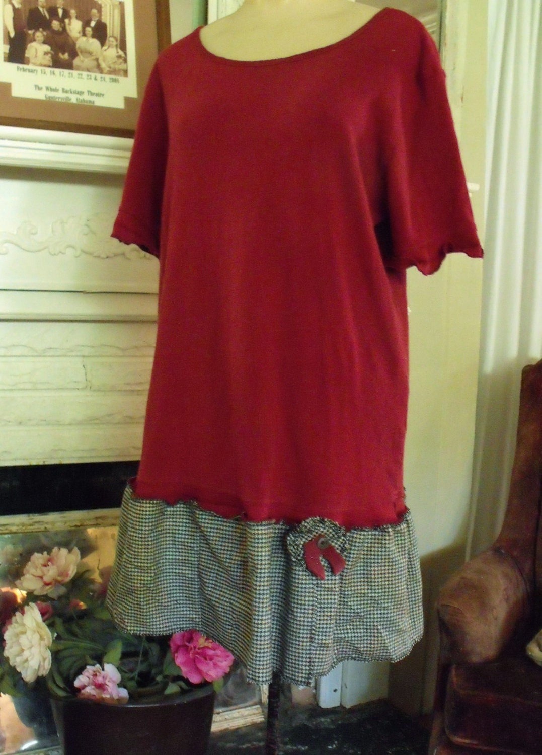Burgandy, Black Houndstooth Check, Mini Upcycled, Refashioned Tee Dress, Flirty Flower Deco