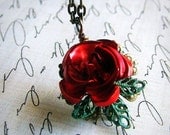 Organic Red Rose and verdigris green leaf necklace, single flower drop, simple necklace, floral