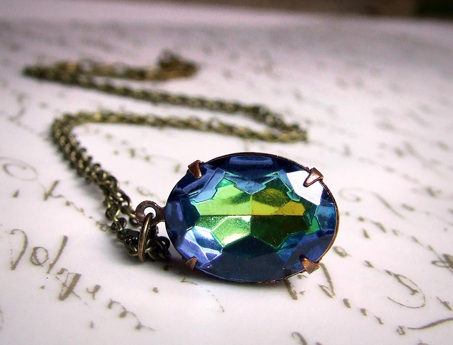 Vintage oval Colorful blue and green Vitrail glass jewel necklace, simple necklace, elegant bridal  jewelry, something blue