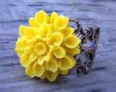 Lemons- Oxidized Vinage Brass Filigree Bright Yellow Chrysanthemum Flower Ring, large floral ring, statement, sturdy, detailed