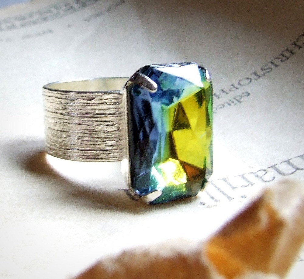Brushed Brilliance- Large Sterling silver plated vintage glass jewel ring with large colorful rectangle vintage jewel