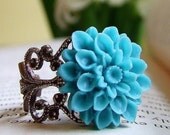 Blooming Blue- Oxidized Vintage Brass Filigree Chrysanthemum Ring, large flower ring, teal, aqua, sturdy adjustable ring
