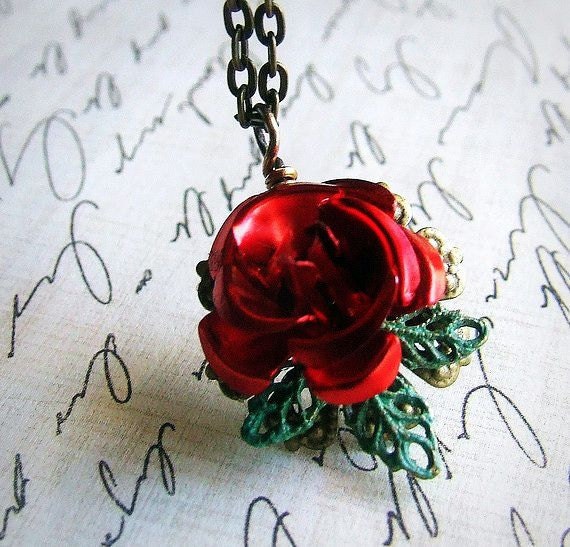 Organic Red Rose and verdigris green leaf necklace, single flower drop, simple necklace, floral