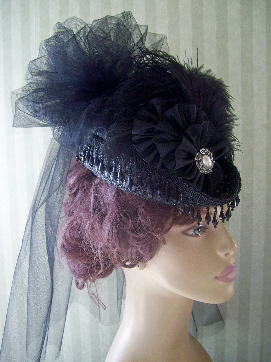 Mini Riding Hat Steampunk Hat Mini Top Hat SAS -Lolita Civil War Derby Lolita Coque Feathers Ribbon-Halloween-Victorian Hat-Black-Hat