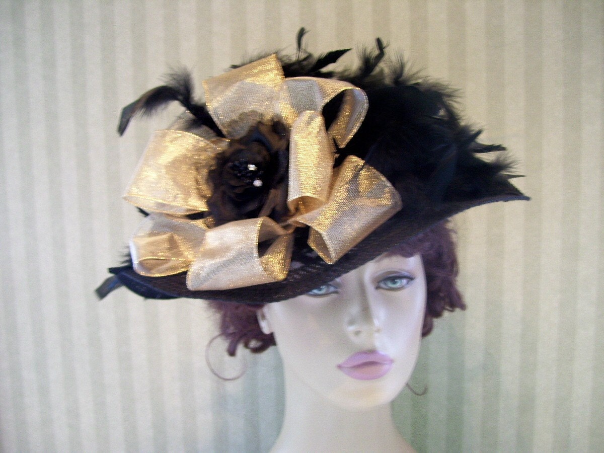 Kentucky Derby Victorian Hat Black Feathers Church Hat Wide Brim Hat Ribbon Large Rose