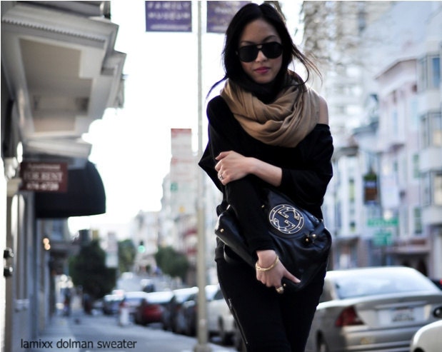 Dolman Off The Shoulder Sweater Black -  Black Cotton Oversized Sweatshirt