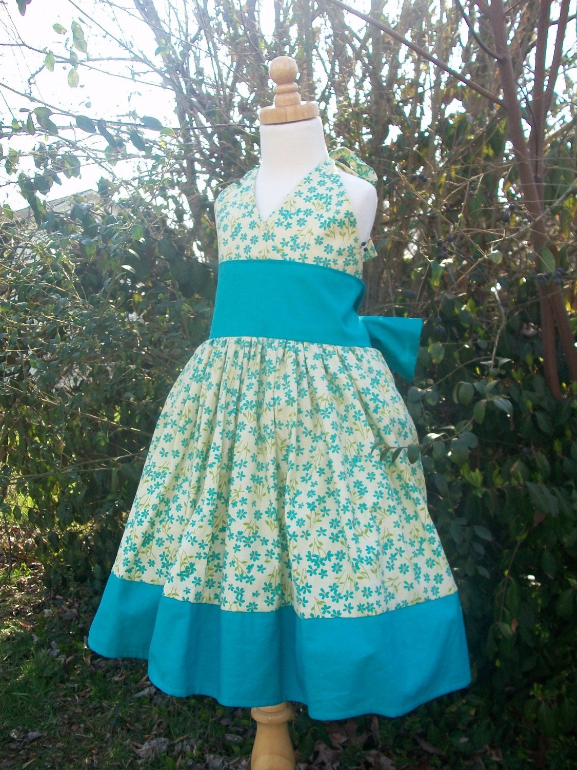 Items similar to Girls Blue Floral Cotton Custom Made Twirl Dress on Etsy