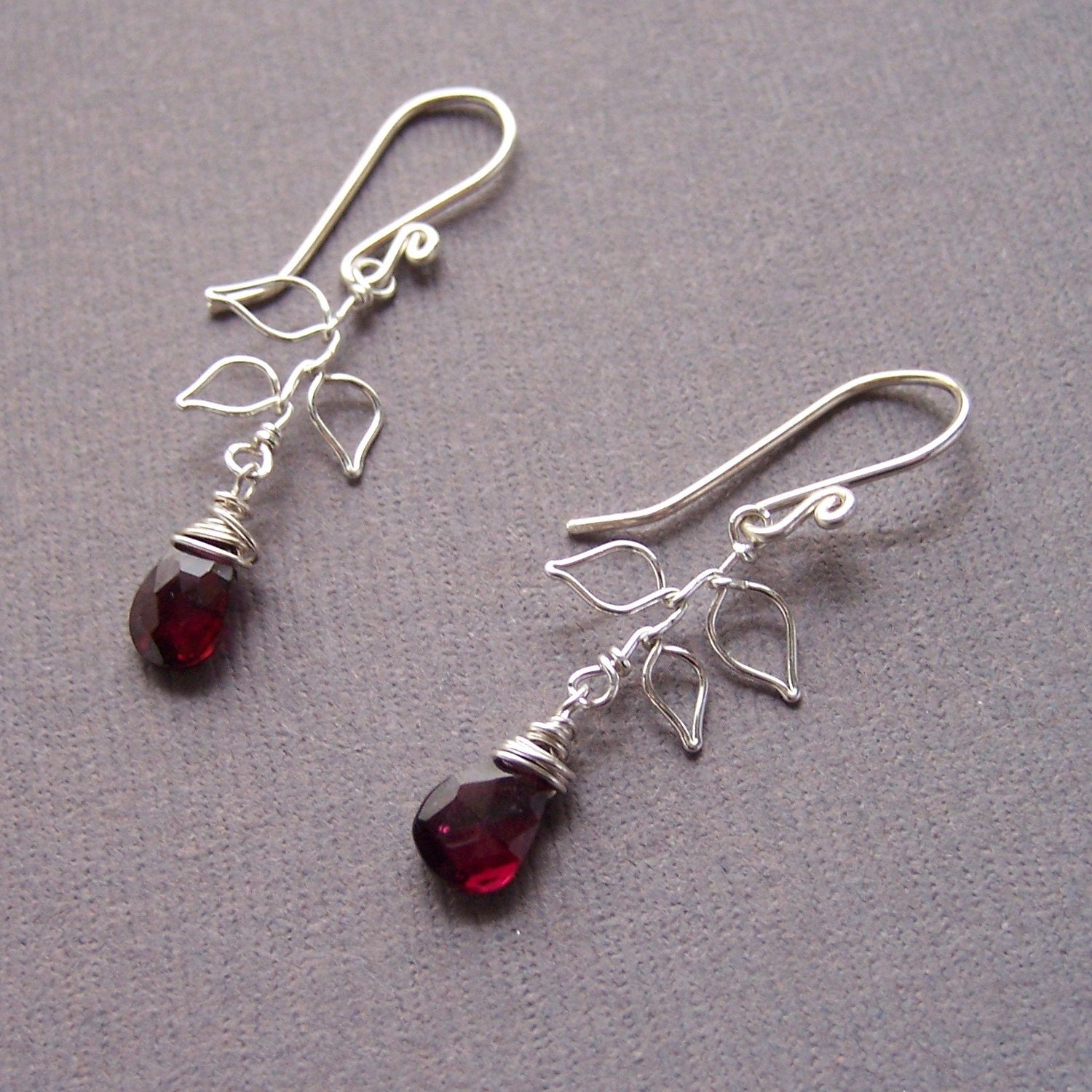 Cranberry Red Garnet and Leaves Earrings- january birthstone - jewelry by jackie