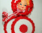 Vintage Crochet Doll Pot Holder,  Red and  White Kitchen Decor, Wall Hanging  (398-11)