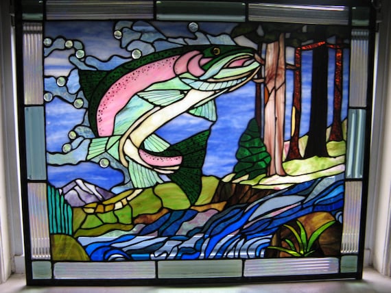 Stained Glass Rainbow Fly Fishing Trout Nature by GlassMonkeyArts