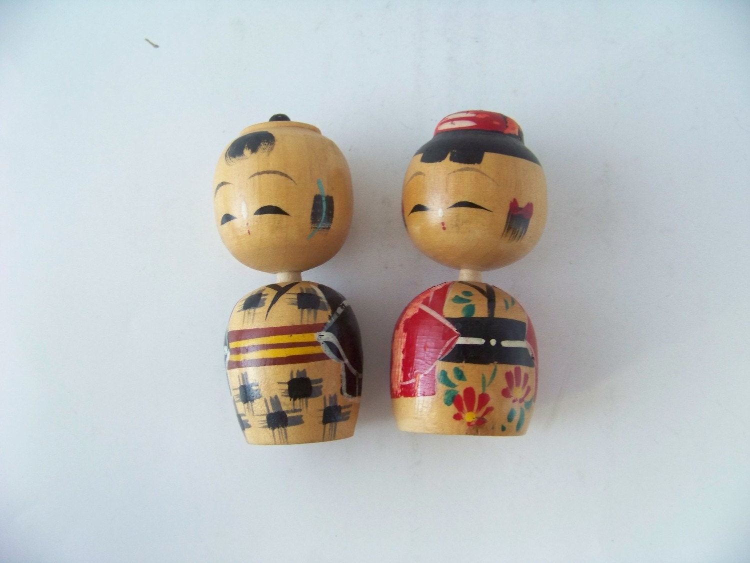 Pair of Vintage 1950's Japanese Kokeshi Nodder Head Dolls