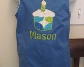 Custom made boutique appliqued monogrammed embroidered boys jon jon john john romper overalls one piece birthday cupcake cake outfit