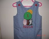 Custom made boutique appliqued monogrammed embroidered birthday pig cow farm a line dress jumper or jon jon shortalls