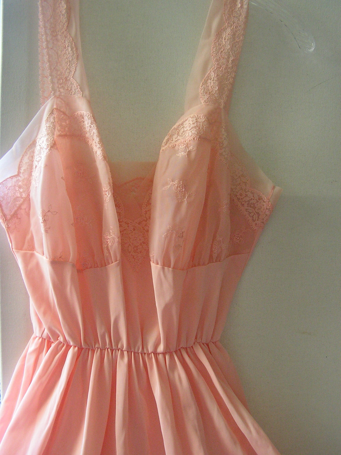 Luxurious vintage 50s peach color, handmade slip dress or night gown, accented with lace. Size M.