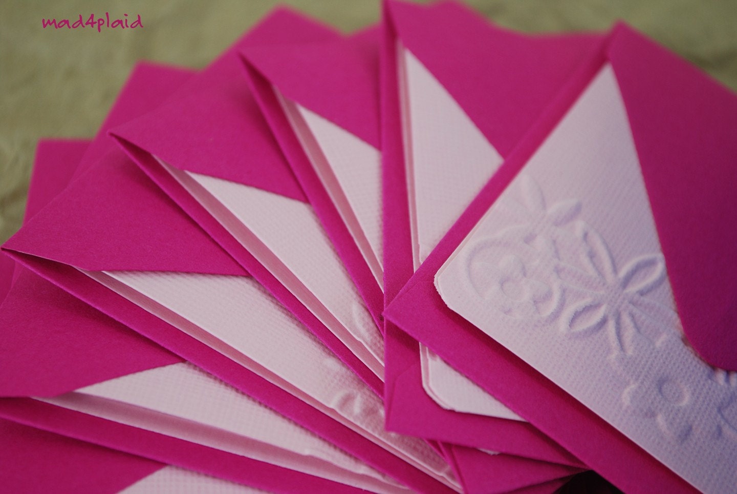 Blank Mini Card Set of 10 Embossed  Floral, Petal Pink w/ Raspberry Envelopes, Handmade Paper Goods by mad4plaid on Etsy